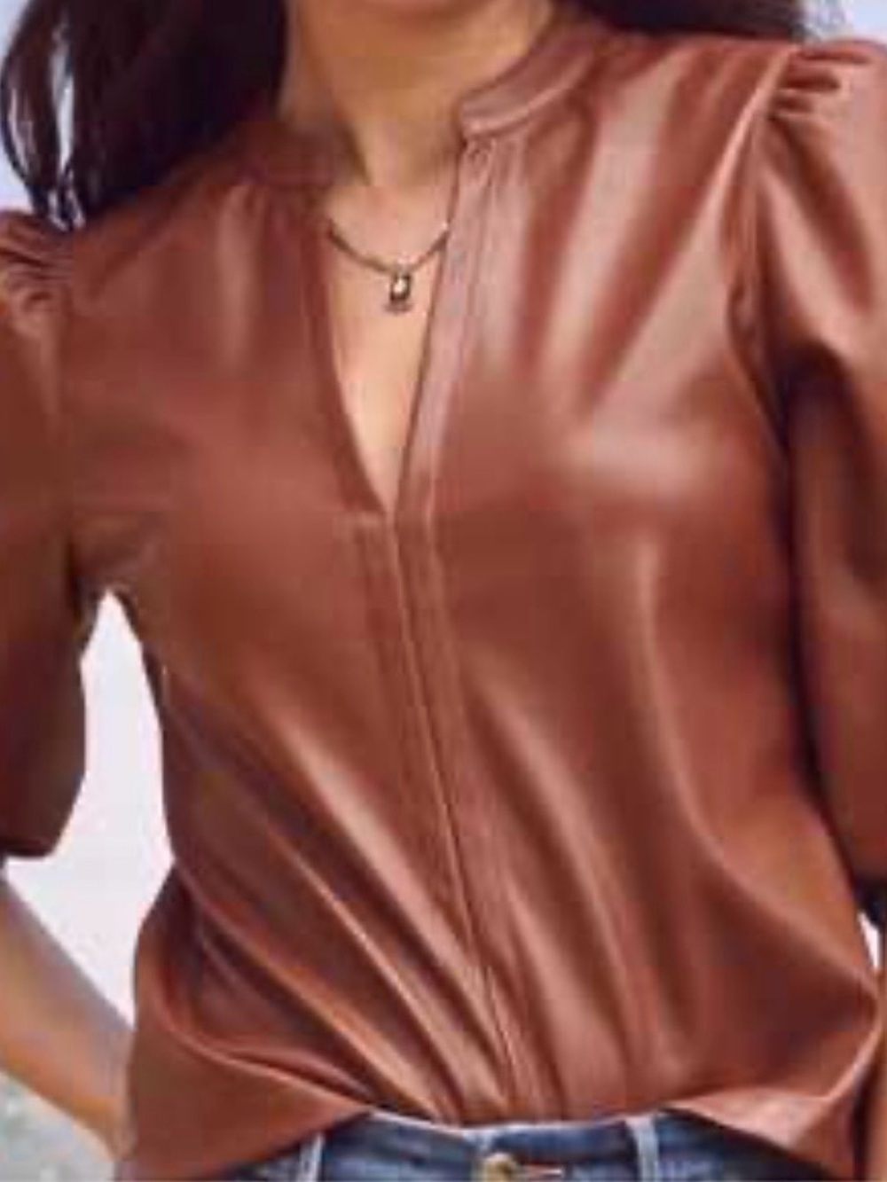 Brown Faux Leather V-Neck Top
